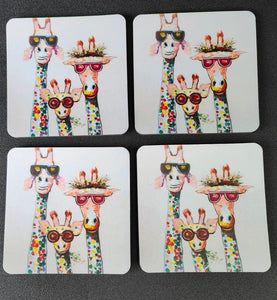 4 pack of Coasters with a Family of Three Giraffes - Fun Animal Art