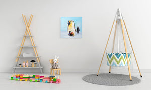 Doting Penguin | Hand painted oil on canvas | 60x60cm Framed. - Fun Animal Art