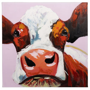 How Now Brown Cow | Hand Painted Oil on Canvas | 60x60cm Framed - Fun Animal Art