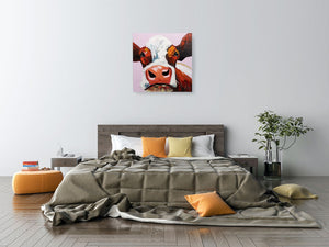 How Now Brown Cow | Hand Painted Oil on Canvas | 60x60cm Framed - Fun Animal Art