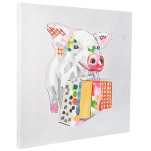 Happy Pig with Shopping. 100% hand painted oil on canvas. Framed - Fun Animal Art