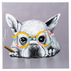 Frenchie with Cigar | Hand Painted Oil on Canvas | 50x50cm Framed. - Fun Animal Art