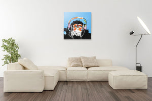 Cool Monkey with Headphones | Hand painted oil on Canvas | 60x60cm Framed. - Fun Animal Art