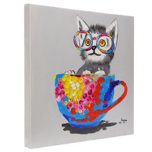 Cat in a tea cup. 100% hand painted oil on canvas. Framed - Fun Animal Art