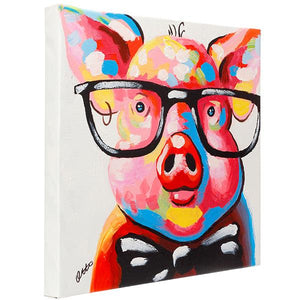 Pig in glasses with bow tie. 100% hand painted oil on canvas. Framed - Fun Animal Art