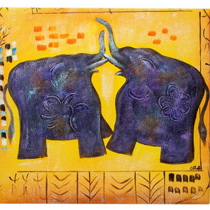 Playing Elephants. 100% hand painted oil on canvas. Framed - Fun Animal Art